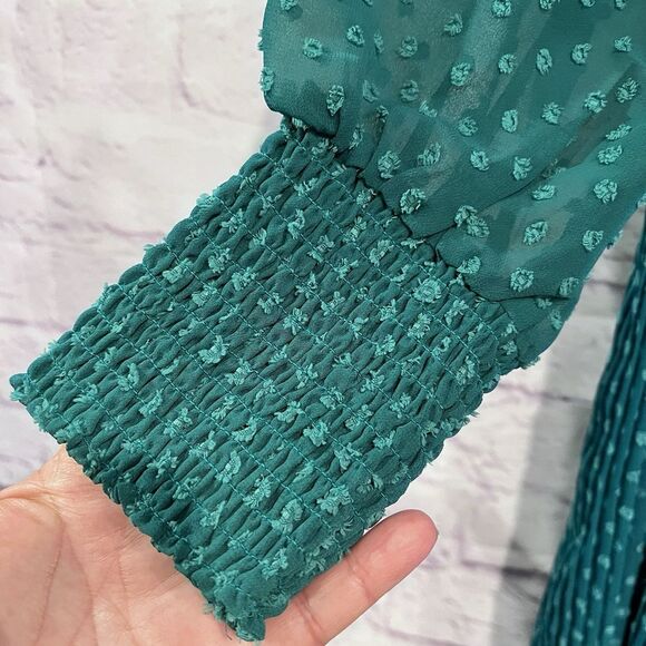 Maeve By Anthropologie Dress Size 2 Green Swiss Dot Long Sleeve Pleated New - Picture 5 of 12